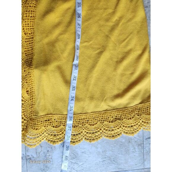 C36 Tickled Teal golden sunflower yellow long sweater cardigan with lacy trim - Picture 11 of 11